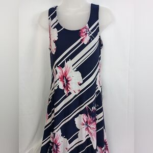 GLAMOUR Y2K 8 Vacation Navy Pink Floral Striped Sleeveless Midi Dress  (#1,357)